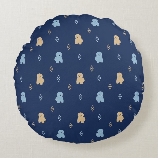 Hund Lhasa Apso mönster blå bakgrund Rund Kudde (Framsidan)