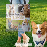 HUND MAMMA 4 Photo Collage Paw Print Heart Tygkasse<br><div class="desc">Skapa en fotokollage i väskan som visar 4 bilder av hund eller valpen och den söta gulbruna typografititel HUND accentuerad med hund och hjärta på framsidan. Baksidan är ett redigerbart fast färg som du väljer (provet är en guldbrun). ÄNDRINGAR: Ändra bakgrunden färg, välj en formaterad bildbakgrund och lägg till text...</div>