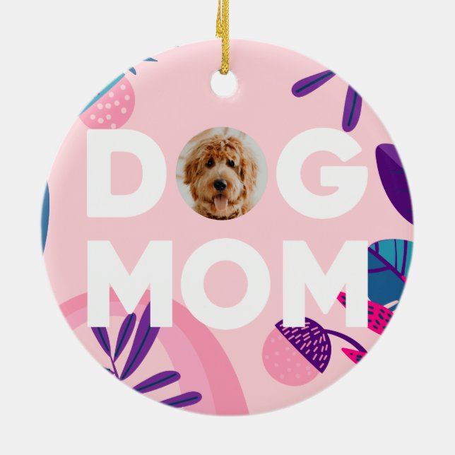 HUND MAMMA, ditt Valp-foto, Rosa Flowers & Löv Julgransprydnad Keramik (Baksidan)