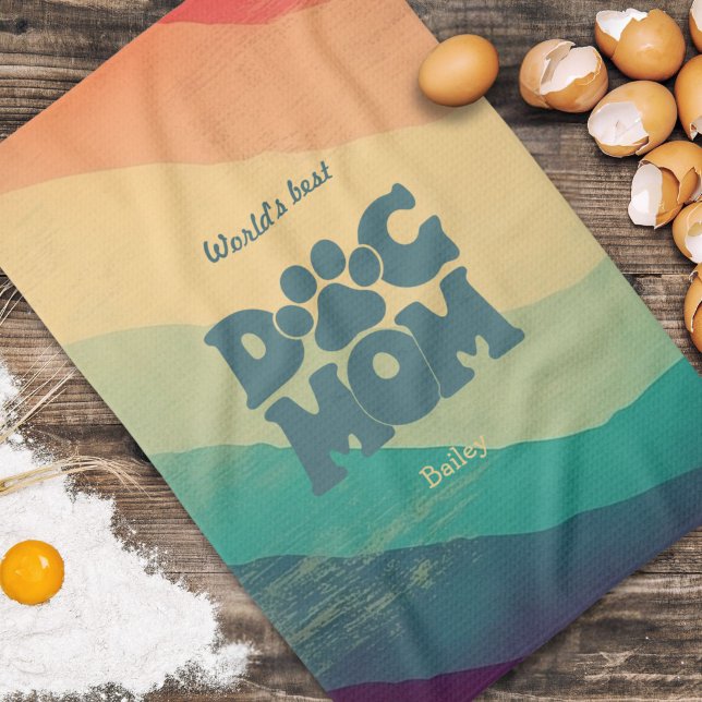 Hund Mamma Retro Groovy Rainbow Personlig Kökshandduk (Skapare uppladdad)