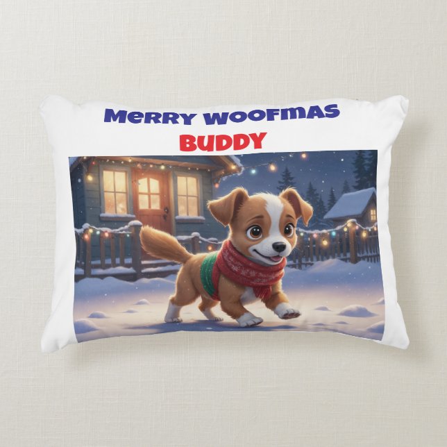 Hund med accentfyllning för Merry Woofmas-Personli Prydnadskudde (Framsidan)