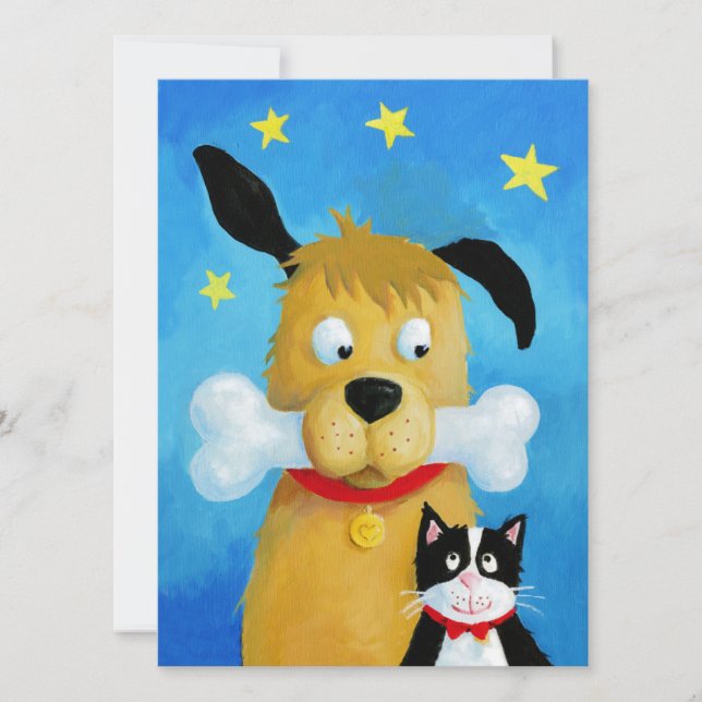 Hund med ben och katt - roligt julkort (Framsida)