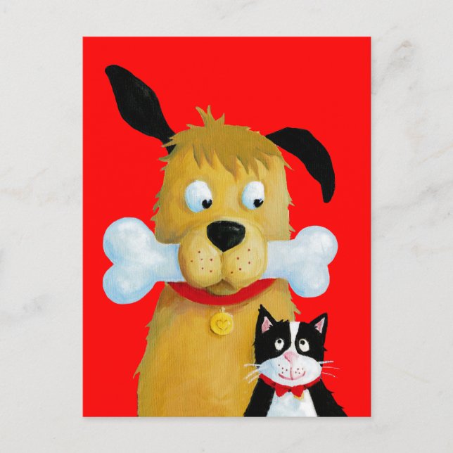 Hund med ben och katt - roligt vykort (Framsida)