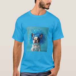 Hund med blå vrak t-shirt