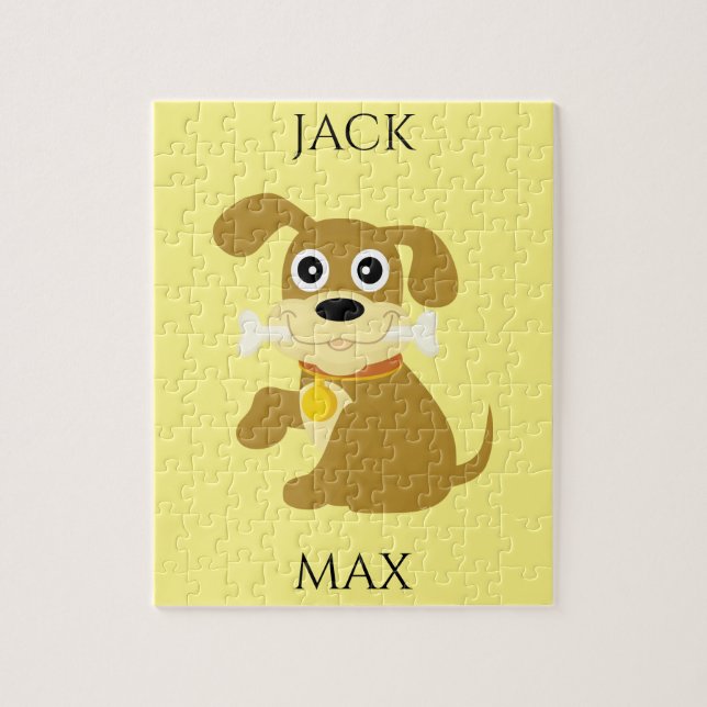 HUND MED BONE PUZZLE. NAMN OM BARN OCH HUND. PUSSEL (Vertikal)