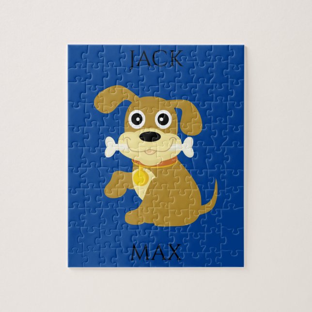 HUND MED BONE PUZZLE. NAMN OM BARN OCH HUND. PUSSEL (Vertikal)