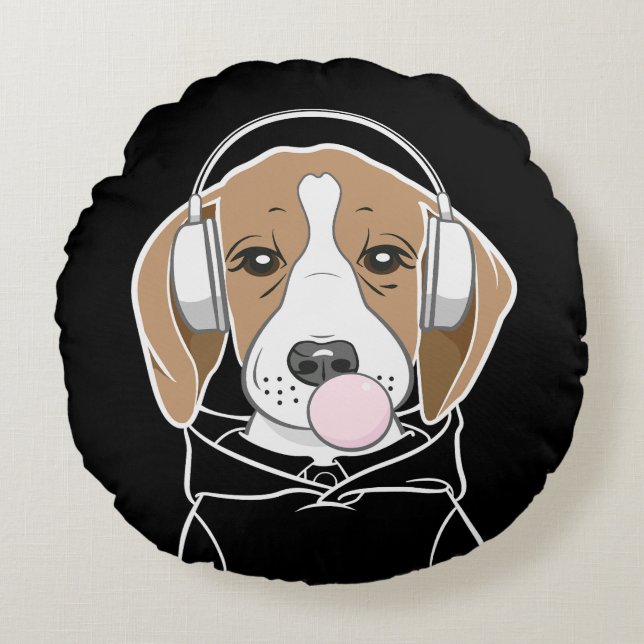 Hund med Bubblegum Cute Funny Beagle Rund Kudde (Framsidan)