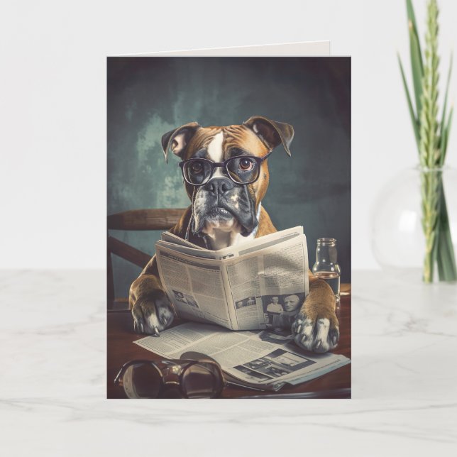 Hund med Eyeglass Läser tidningspapper med mappkor Tack Kort (Framsida)