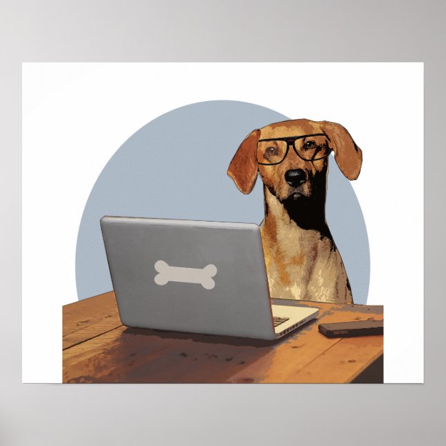 Hund med glasögon på dator och skrivbord poster (Framsidan)