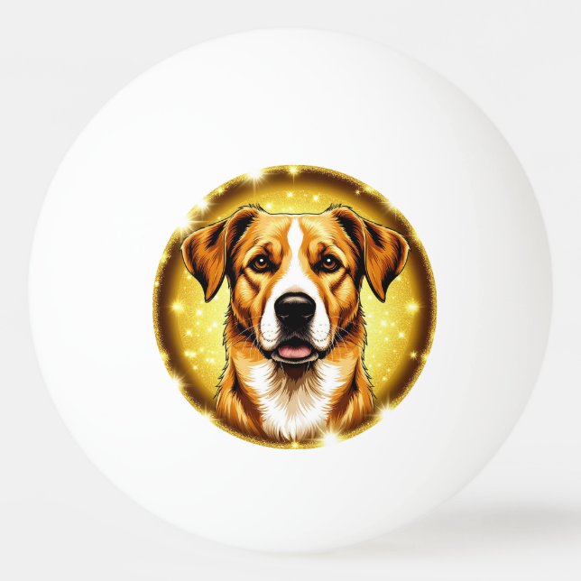 Hund med gyllene bakgrund pingisboll (Framsidan)