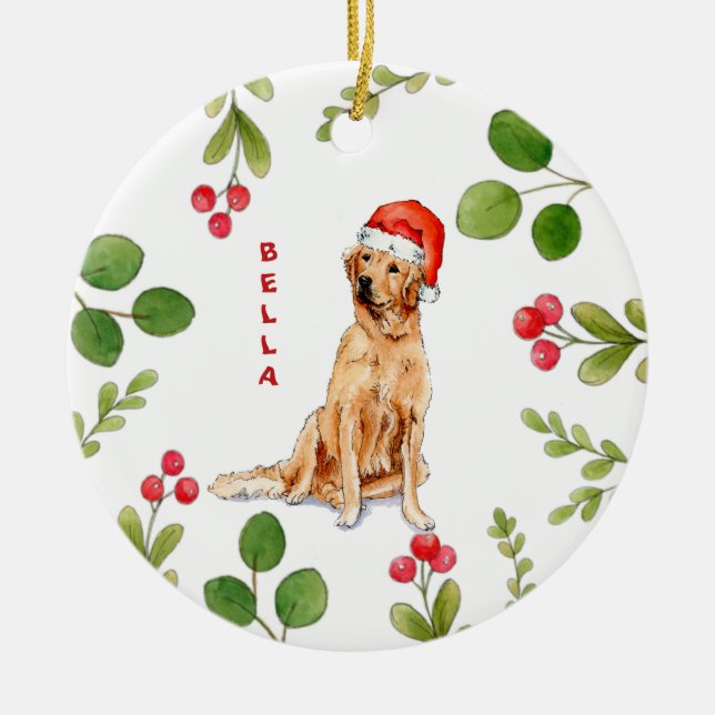 Hund med gyllene kyrkoherdar med Santa Hat Julgransprydnad Keramik (Framsidan)