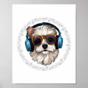hund med hörlurar hund med glasögon lyssna poster