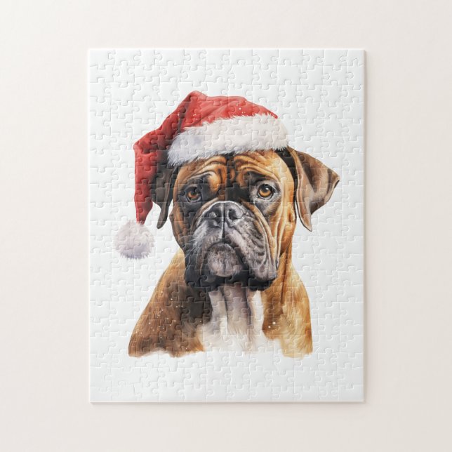 Hund med julboxare med jultomt pussel (Vertikal)