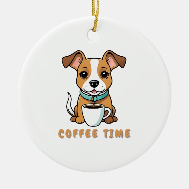hund med kopp kaffe julgransprydnad keramik (Framsidan)