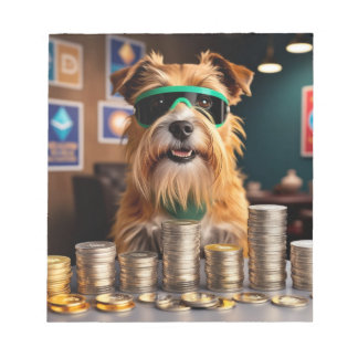 Hund med krypto mynt anteckningsblock