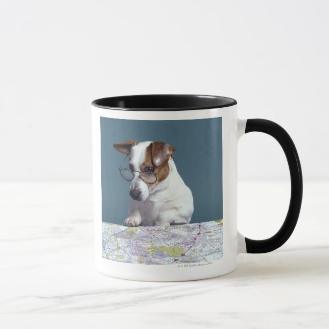 Hund med läs- exponeringsglas som studerar kartan mugg (Höger)