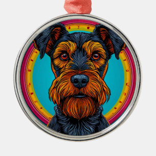 Hund med livfull cirkulär bakgrundsdesign julgransprydnad metall