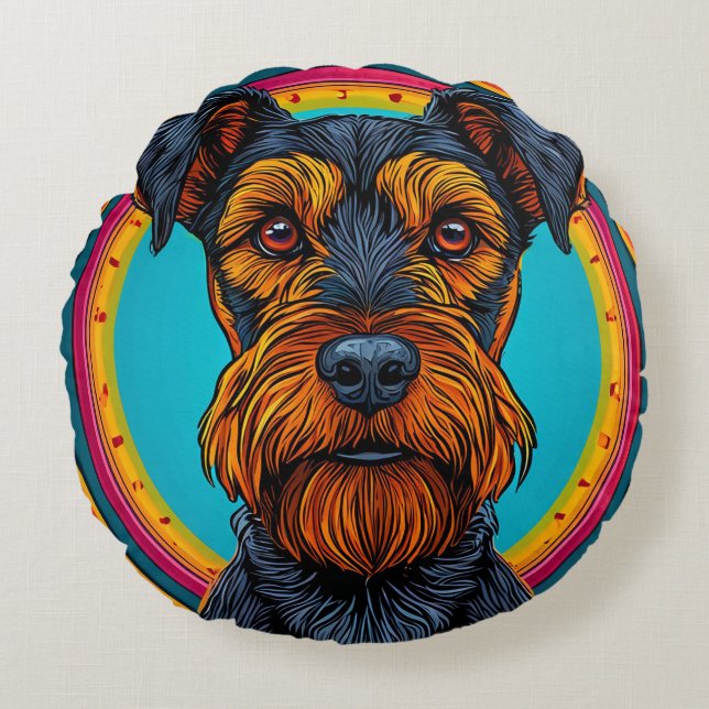 Hund med livfull cirkulär bakgrundsdesign rund kudde (Framsidan)