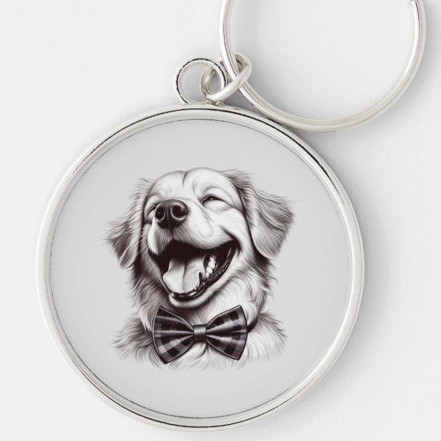 hund med sängskratt rund silverfärgad nyckelring (Framsidan)