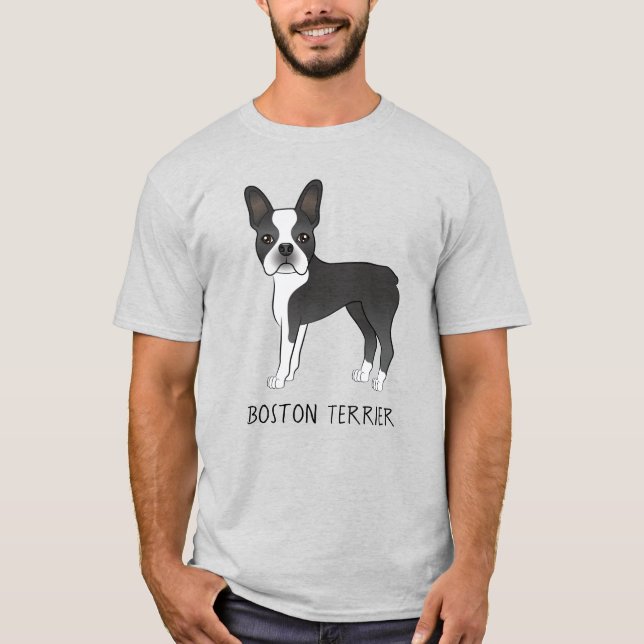 Hund med svartvit boston-terrier med text t shirt (Framsida)