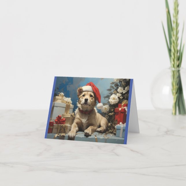 hund med tomhatt och många presentlådor tack kort (Framsida)