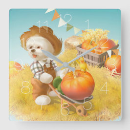 Hund med väggklocka i hjulbarrow