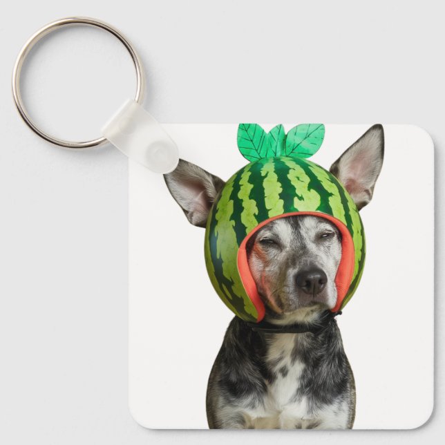 Hund med vattenmelon Helmet Nyckelring (Framsida)