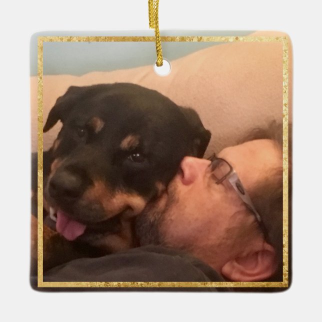 Hund Memorial Square Guld Trim Two Photo Ornament (Framsida)
