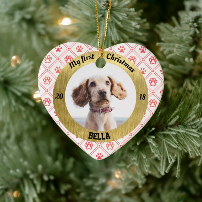 Hund Min första julpuppy Photo Namn Heart Julgransprydnad Keramik (Träd)