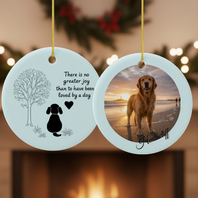 Hund Minnes Foto Citat Blå Räddning Julgransprydnad Keramik (Blue pet photo memorial ornament with "Greater Joy" quote — meaningful holiday gift for dog owners)