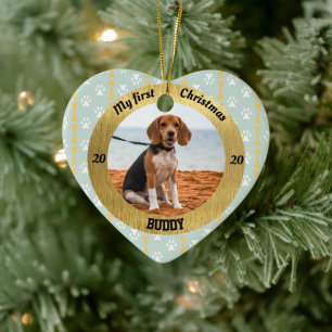 Hund mitt första julfoto i Namnen Julgransprydnad Keramik