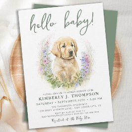 Hund Modern Sage Baby Shower för guldmakrill-valp Inbjudningar