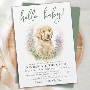 Hund Modern Sage Baby Shower för guldmakrill-valp Inbjudningar