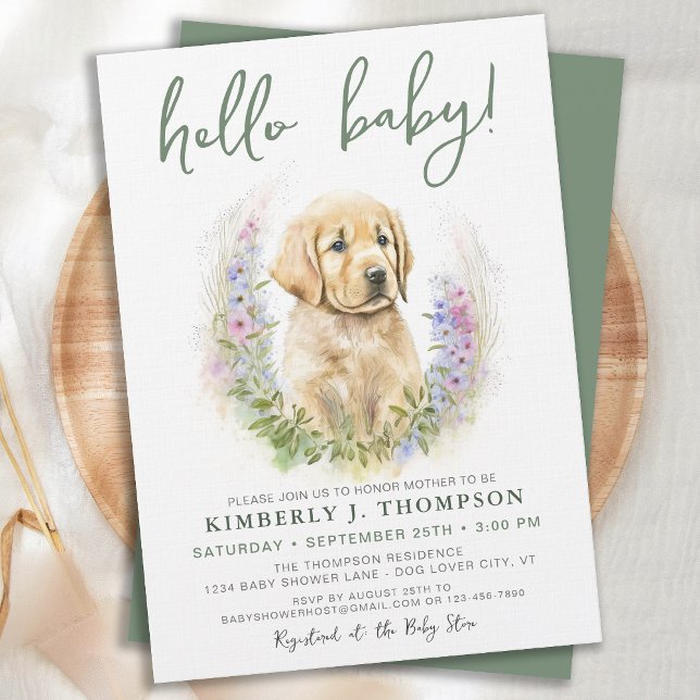 Hund Modern Sage Baby Shower för guldmakrill-valp Inbjudningar (Skapare uppladdad)