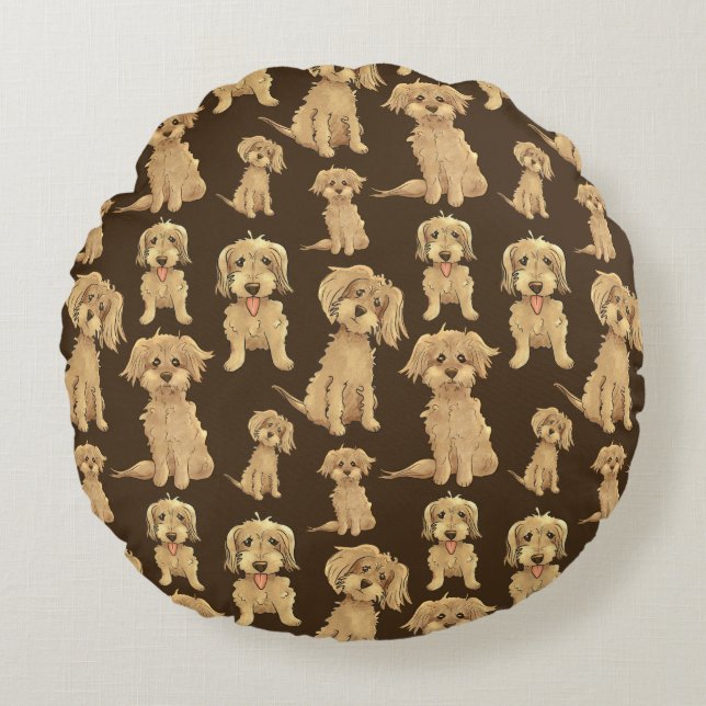 Hund Mönster Brown labradoodle goldendoodle Rund Kudde (Framsidan)