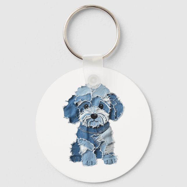 Hund Mönster Denim Patchwork Art Nyckelring (Framsida)