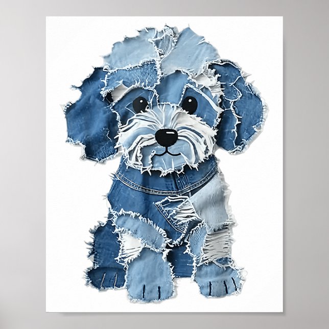 Hund Mönster Denim Patchwork Art Poster (Framsidan)