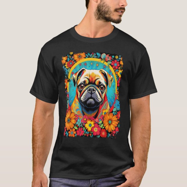 Hund Mops Blomma Kärlek Fred T Shirt (Framsida)
