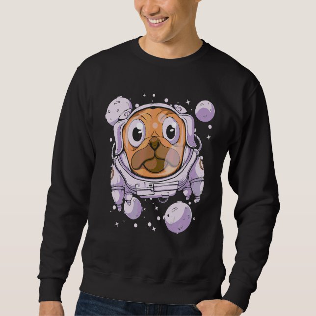 Hund Mops Rymdfarare Rymd Husdjur Grafik Lång Ärmad Tröja (Framsida)