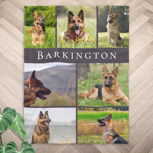 Hund Multi-Foto Collage Husdjurssouvenir Anpassad  Fleecefilt (A custom photo blanket featuring 7 of your own pet photos in a collage layout, with your pet's name)