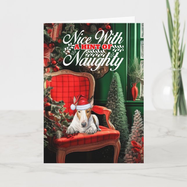 Hund Naughty eller Nice, Jul Bull Terrier Helgkort (Framsida)