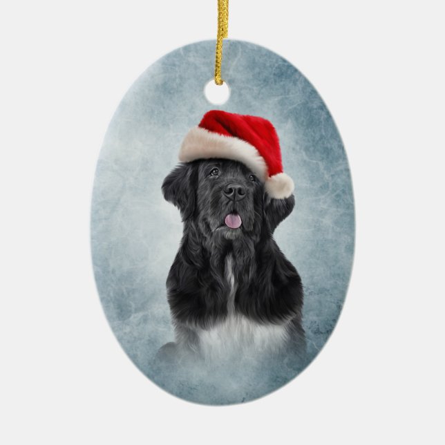 Hund Newfoundland i röd hatt av jultomten Julgransprydnad Keramik (Framsidan)