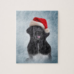Hund Newfoundland i röd hatt av jultomten Pussel