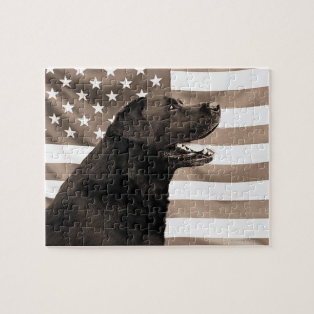 Hund och amerikansk flagga pussel (Horisontell)