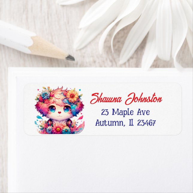 Hund och blommor av lila och rött djur returadress etikett (Insitu)
