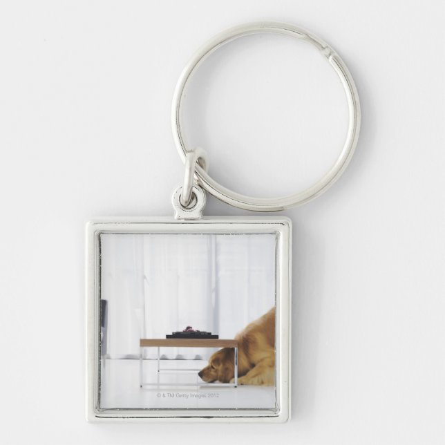 Hund och bord fyrkantig silverfärgad nyckelring (Framsidan)