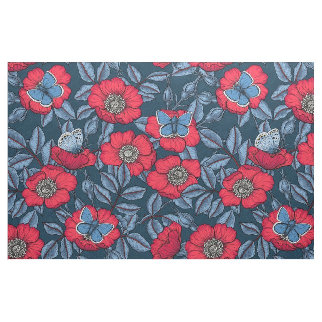 Hund och fjärilar i blått och rött tyg (Fat Quarter)