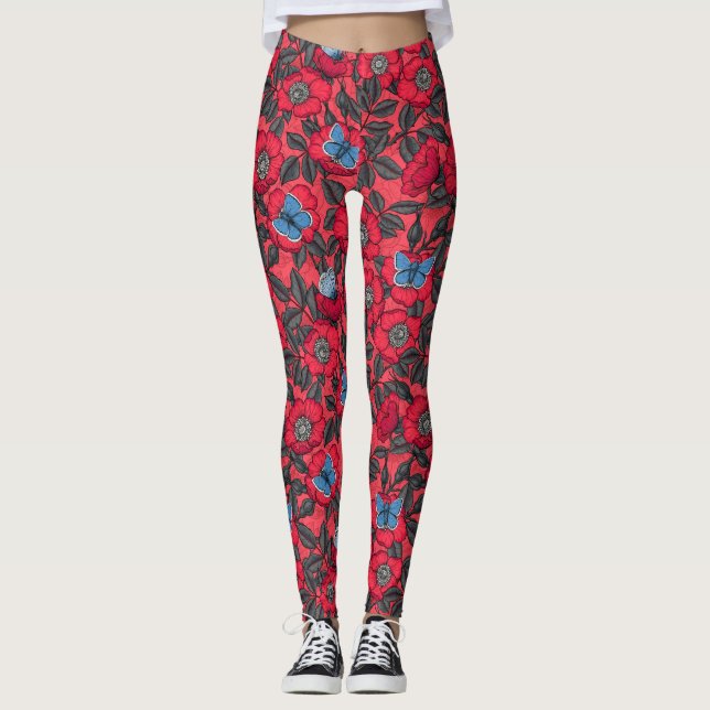 Hund och fjärilar i rött och blått leggings (Framsida)
