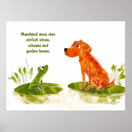 Hund och frog på Tecknad av vattenfärg på Lily Pad Poster