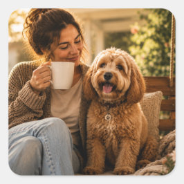 Hund och kaffe fyrkantigt klistermärke